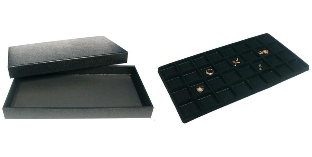 Black Jewelry Display Case (Removable Magnetic Lid) w/ Blck 32-slot Plastic Tray